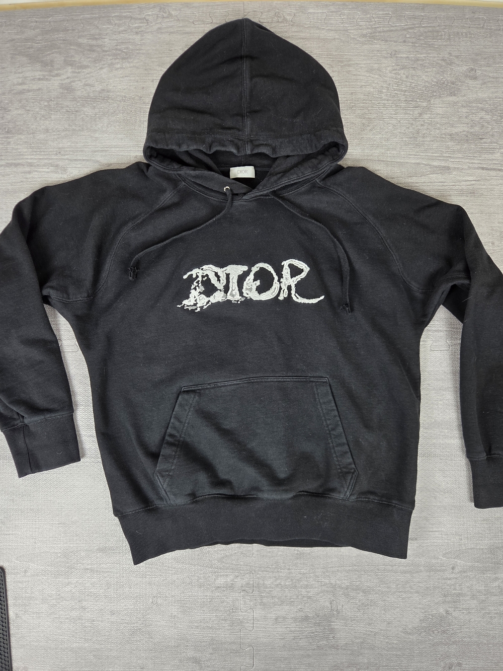 Dior x Peter Doig Hoodie Black Distressed Logo Embroidery Size L Authentic